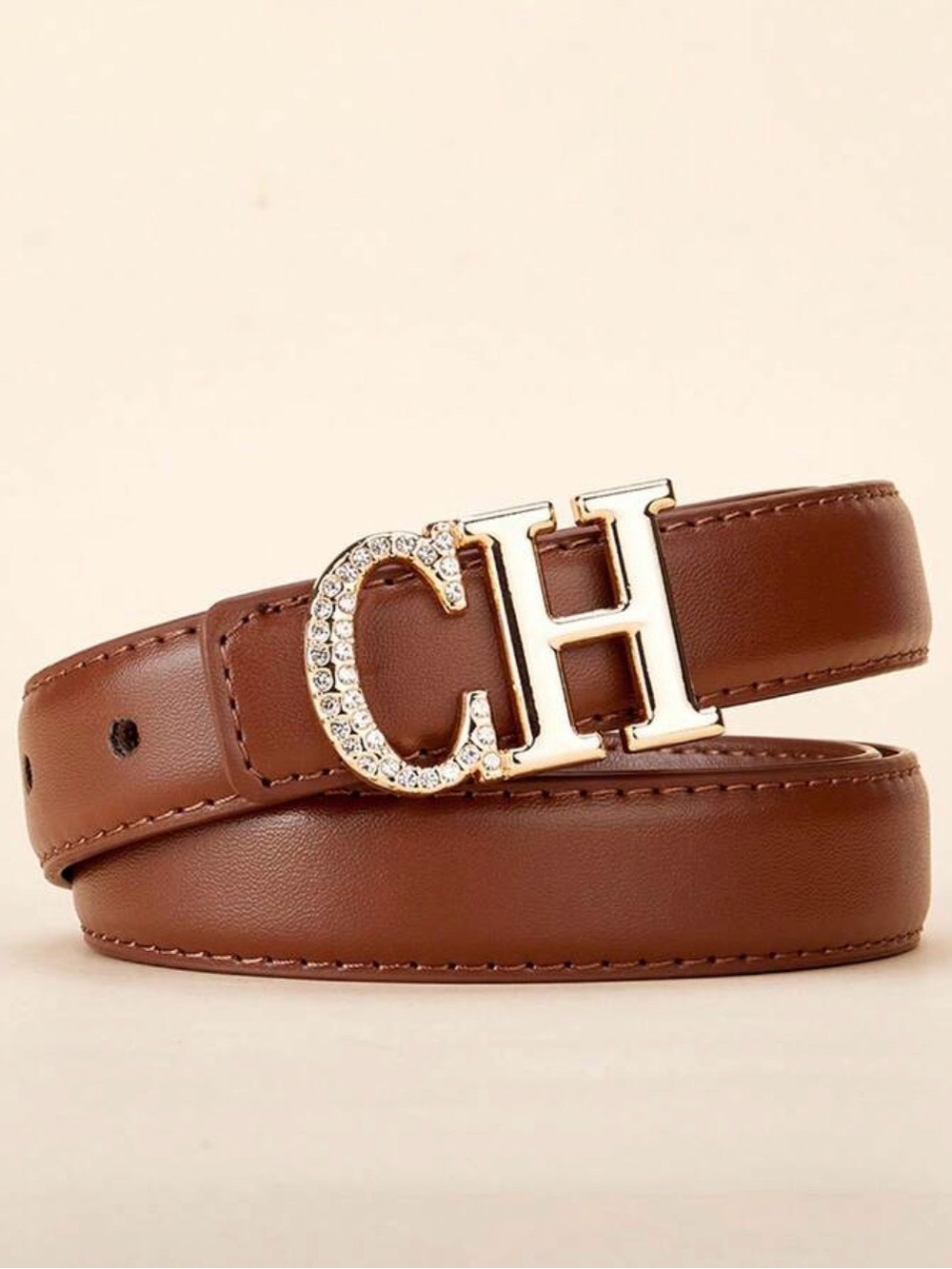 New CH Crystal-Embellished Brown Leather Belt for women size XL(110CM)